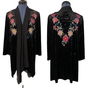 Andree by UNIT Black Velvet Floral Embroidered Open Kimono Cardigan Whimsigoth M